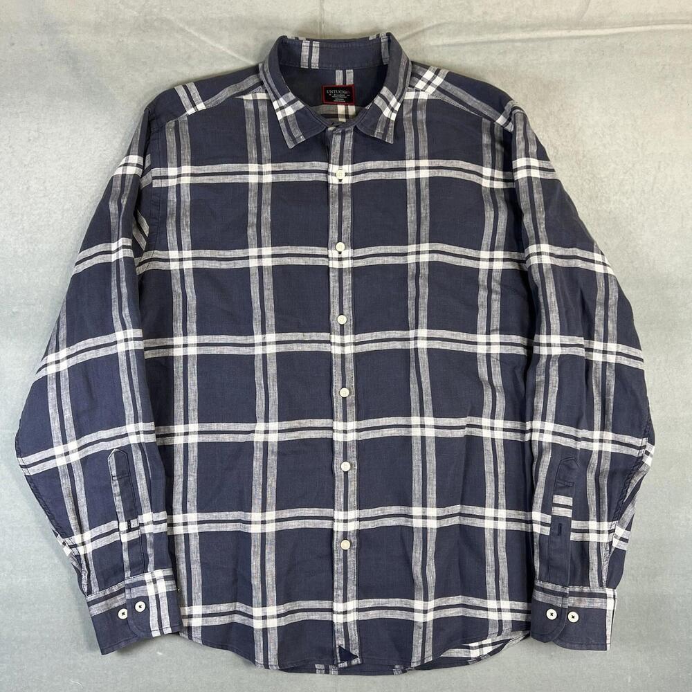 Untuckit 100% Linen Shirt Mens XL Navy Blue Plaid Button Up Long Sleeve